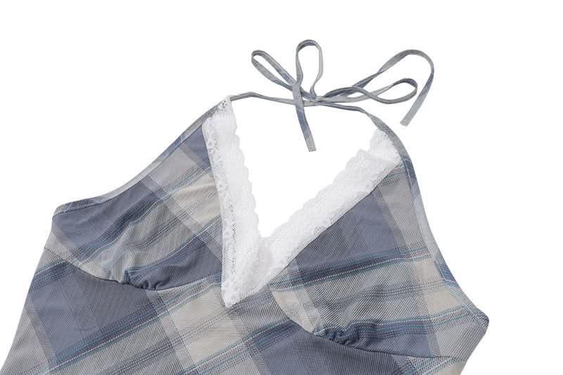 Fall Chic & Cozy: American Plaid Halter Maxi Dress with Delicate Lace V-Neck