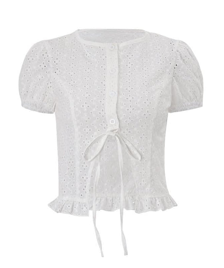 Chic Eyelet Broderie Anglaise Crop Top | Women's Tie-Front Puff Sleeve Blouse for Effortless Fall Style