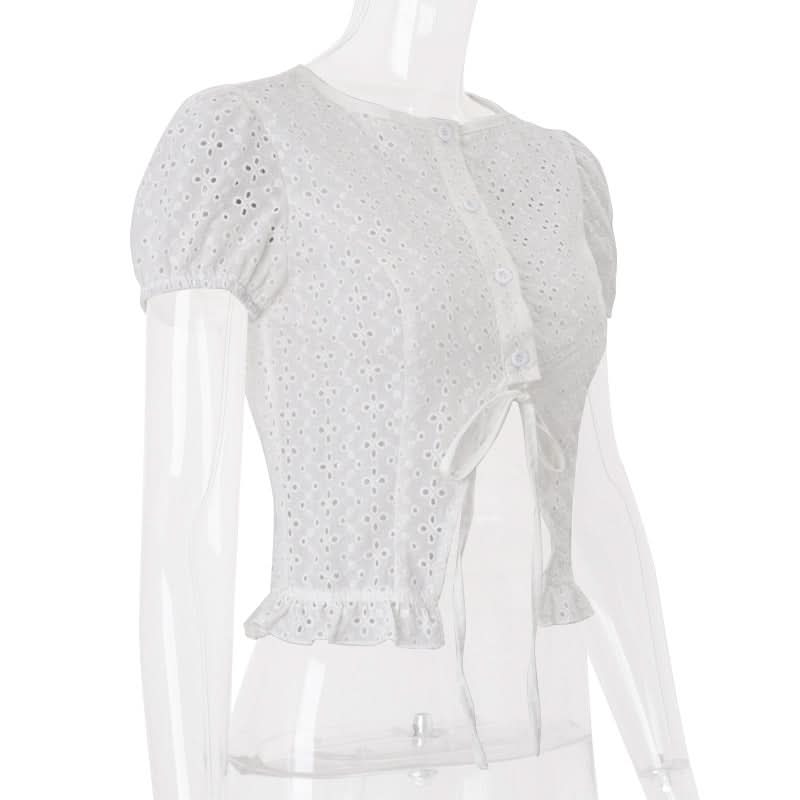 Chic Eyelet Broderie Anglaise Crop Top | Women's Tie-Front Puff Sleeve Blouse for Effortless Fall Style