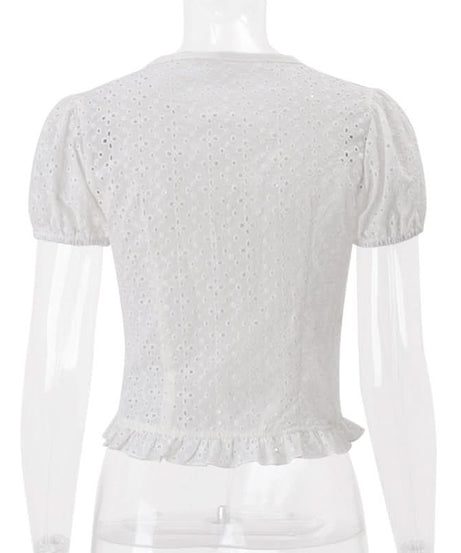 Chic Eyelet Broderie Anglaise Crop Top | Women's Tie-Front Puff Sleeve Blouse for Effortless Fall Style