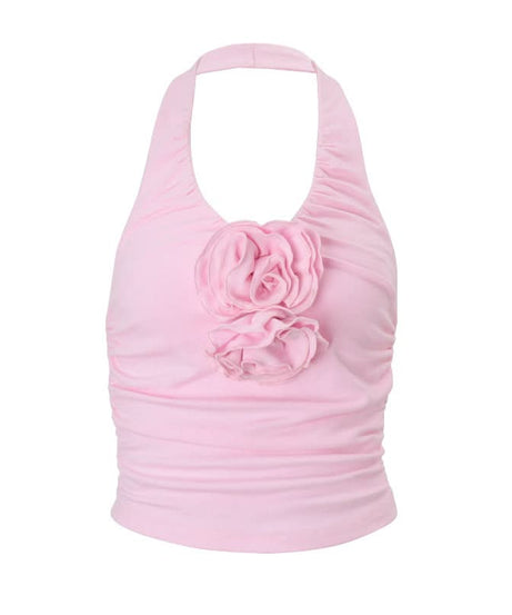 Blush Bloom Halter Top: Chic Ruched Design with 3D Rose Appliques – Perfect for Fall Getaways & Festive Season Flair