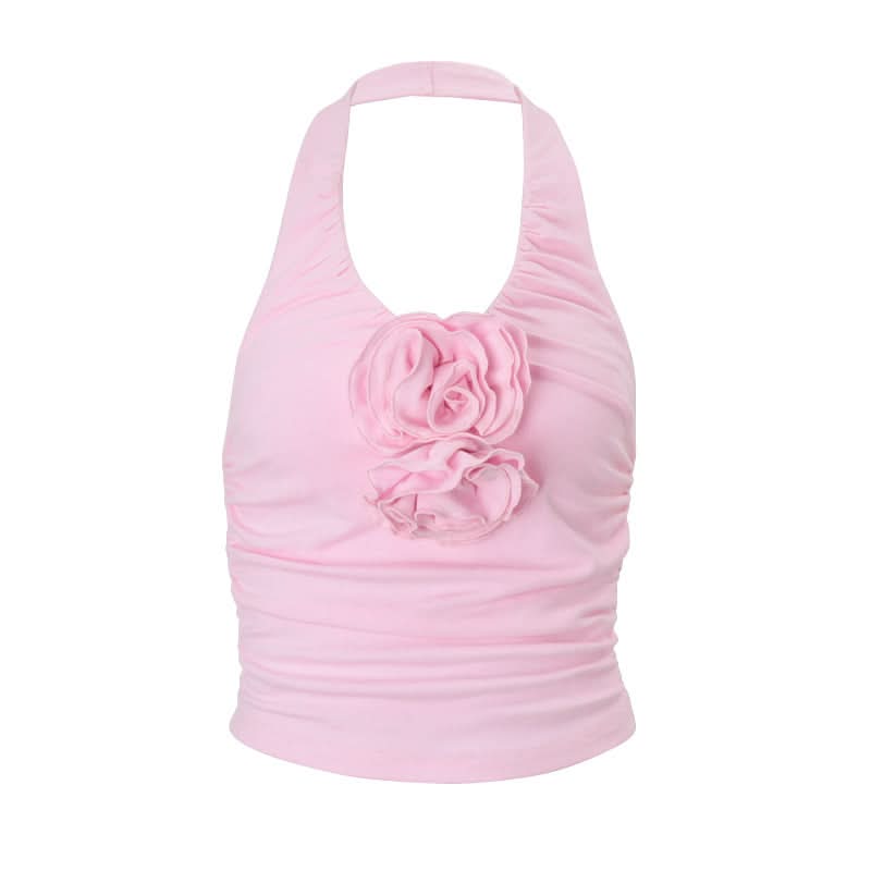 Blush Bloom Halter Top: Chic Ruched Design with 3D Rose Appliques – Perfect for Fall Getaways & Festive Season Flair