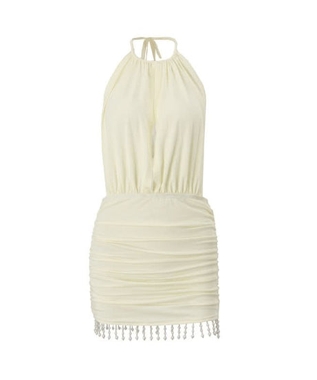 Autumn Allure: Mocha Halter Ruched Mini Dress with Beaded Fringe Hem – Perfect for Fall & Holiday Nights
