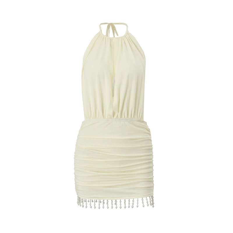 Autumn Allure: Mocha Halter Ruched Mini Dress with Beaded Fringe Hem – Perfect for Fall & Holiday Nights