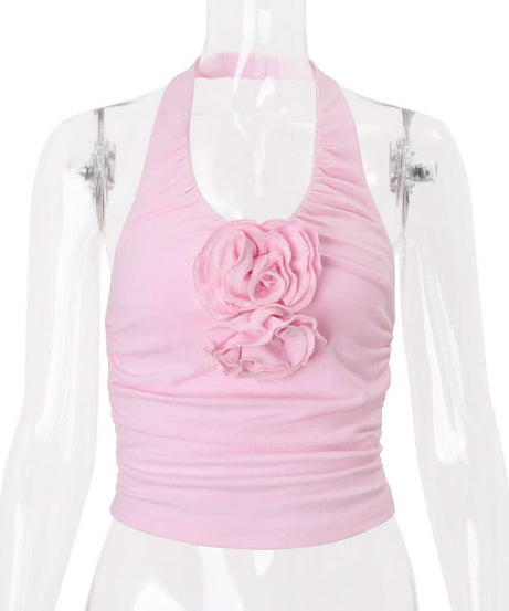 Blush Bloom Halter Top: Chic Ruched Design with 3D Rose Appliques – Perfect for Fall Getaways & Festive Season Flair