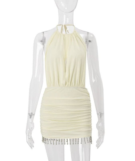 Autumn Allure: Mocha Halter Ruched Mini Dress with Beaded Fringe Hem – Perfect for Fall & Holiday Nights