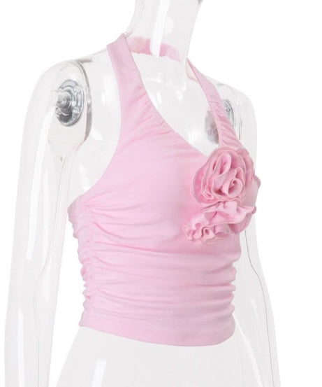 Blush Bloom Halter Top: Chic Ruched Design with 3D Rose Appliques – Perfect for Fall Getaways & Festive Season Flair