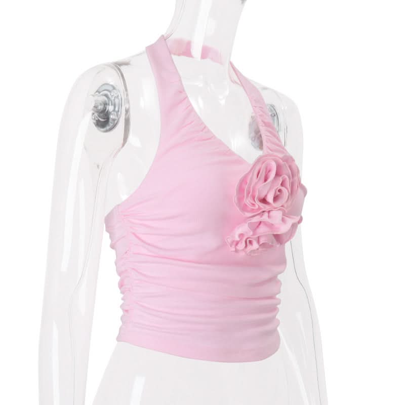 Blush Bloom Halter Top: Chic Ruched Design with 3D Rose Appliques – Perfect for Fall Getaways & Festive Season Flair