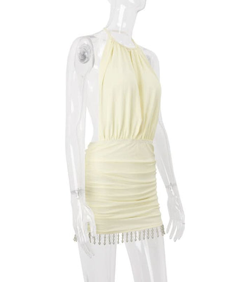 Autumn Allure: Mocha Halter Ruched Mini Dress with Beaded Fringe Hem – Perfect for Fall & Holiday Nights