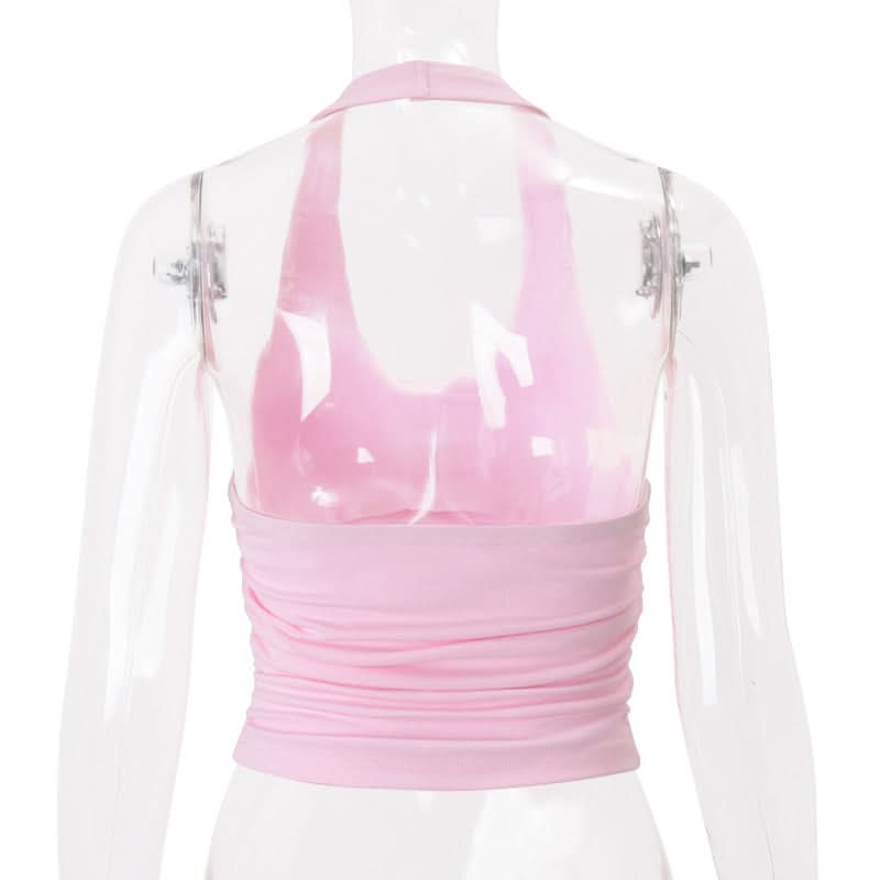 Blush Bloom Halter Top: Chic Ruched Design with 3D Rose Appliques – Perfect for Fall Getaways & Festive Season Flair