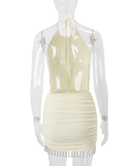 Autumn Allure: Mocha Halter Ruched Mini Dress with Beaded Fringe Hem – Perfect for Fall & Holiday Nights