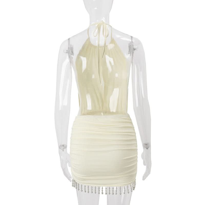 Autumn Allure: Mocha Halter Ruched Mini Dress with Beaded Fringe Hem – Perfect for Fall & Holiday Nights