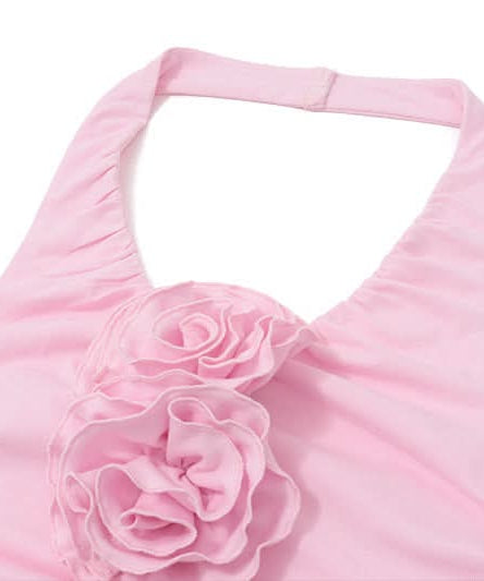 Blush Bloom Halter Top: Chic Ruched Design with 3D Rose Appliques – Perfect for Fall Getaways & Festive Season Flair
