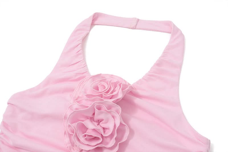Blush Bloom Halter Top: Chic Ruched Design with 3D Rose Appliques – Perfect for Fall Getaways & Festive Season Flair