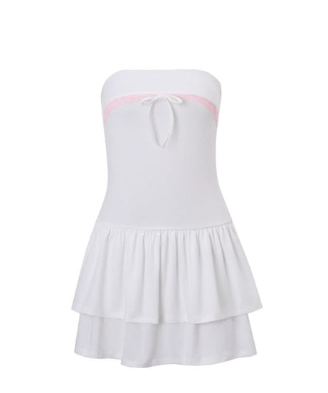 Flirty White Tube Mini Dress with Pink Lace & Bow - Tiered Ruffle Skirt for Parties & Vacations