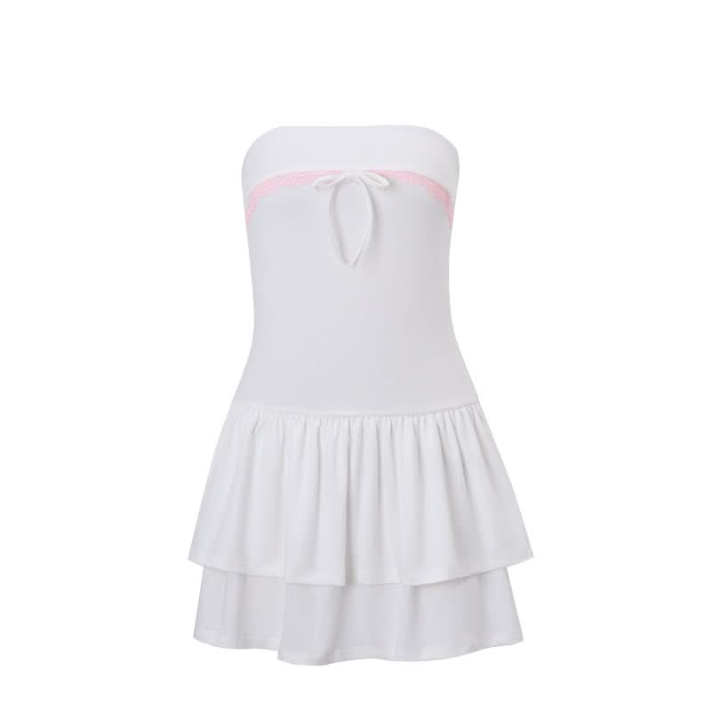 Flirty White Tube Mini Dress with Pink Lace & Bow - Tiered Ruffle Skirt for Parties & Vacations