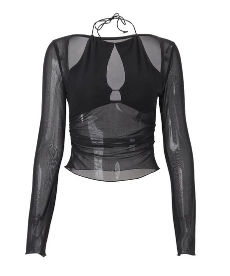 Sultry Sheer Mesh Halter Cutout Top | Edgy Long Sleeve for Fall Nights & Halloween