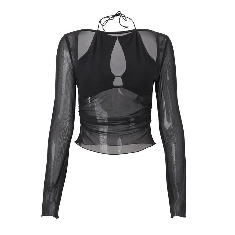 Sultry Sheer Mesh Halter Cutout Top | Edgy Long Sleeve for Fall Nights & Halloween
