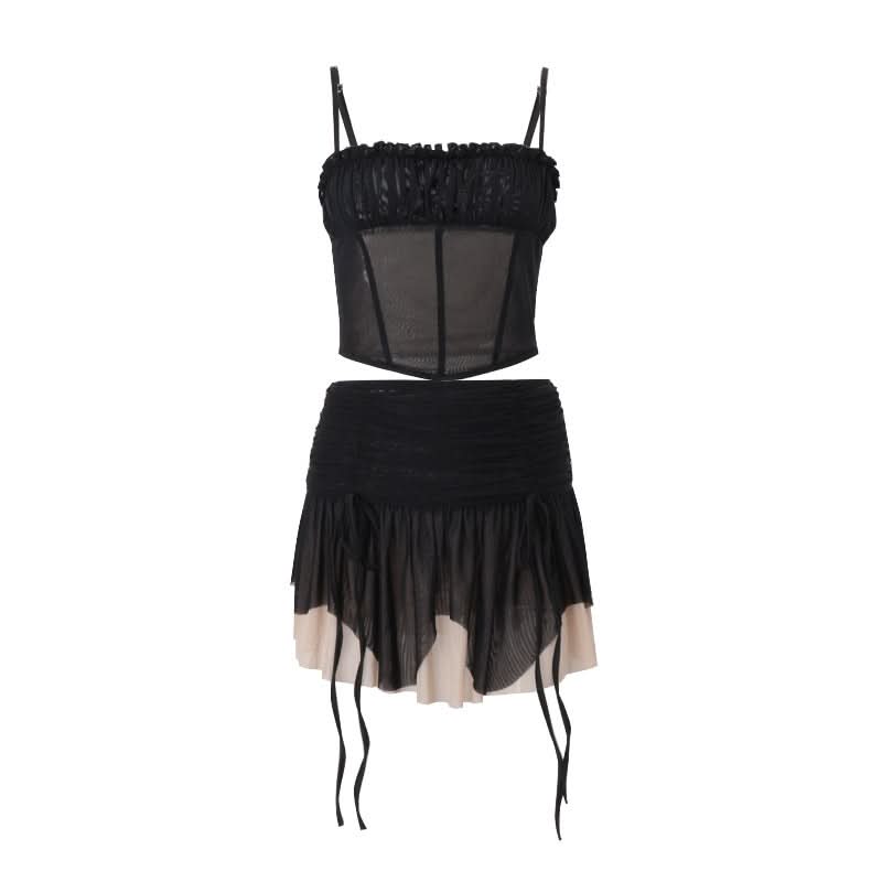 Sultry Siren Black Mesh Ruched Corset Cami & Asymmetrical Mini Skirt Set - Your Ultimate Fall Party & Clubwear