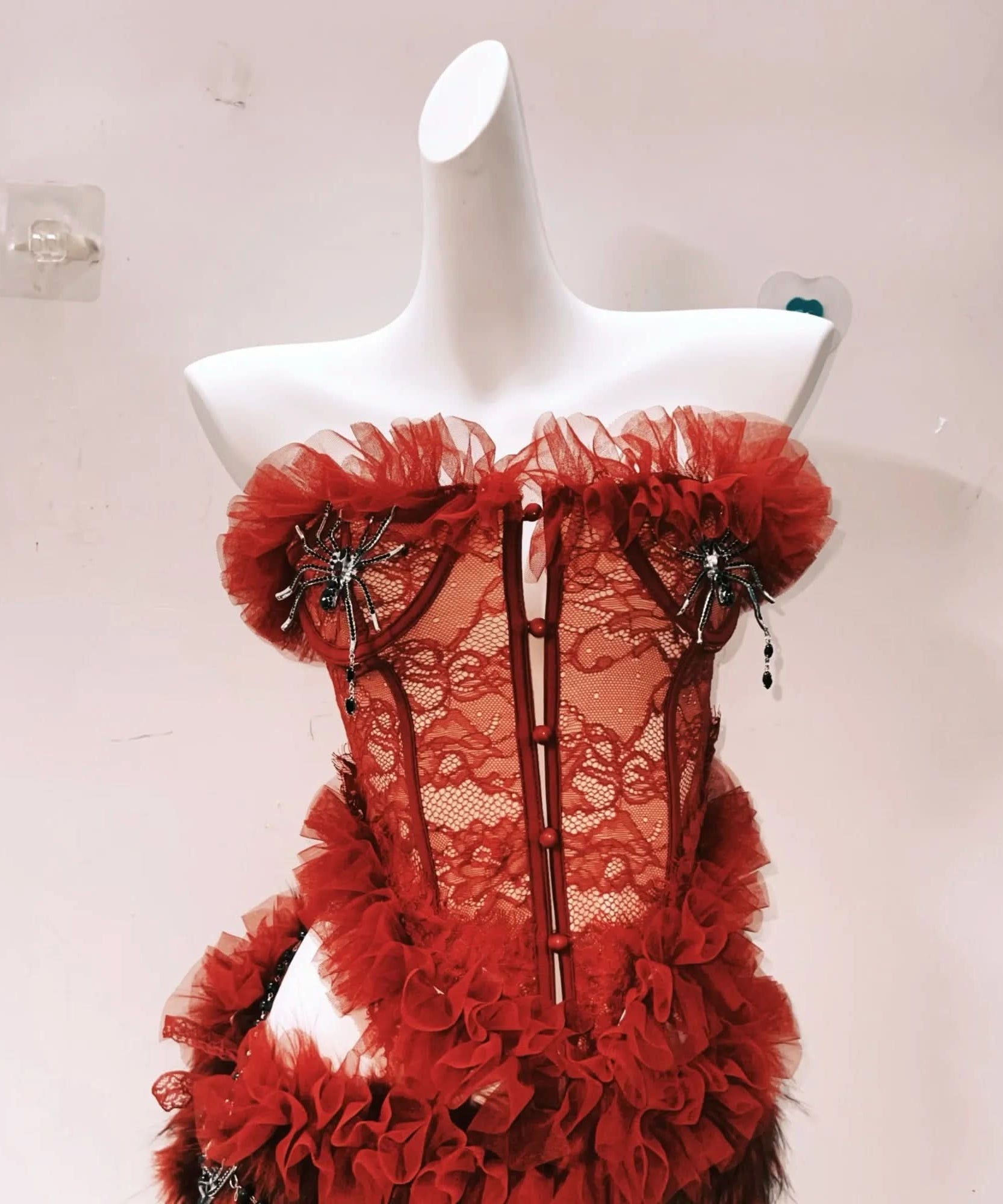 Haute Halloween: Bewitching Red Lace & Faux Fur Spider Corset Mini Set