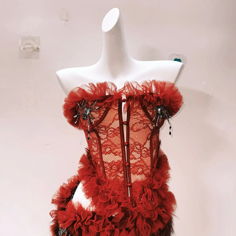 Haute Halloween: Bewitching Red Lace & Faux Fur Spider Corset Mini Set