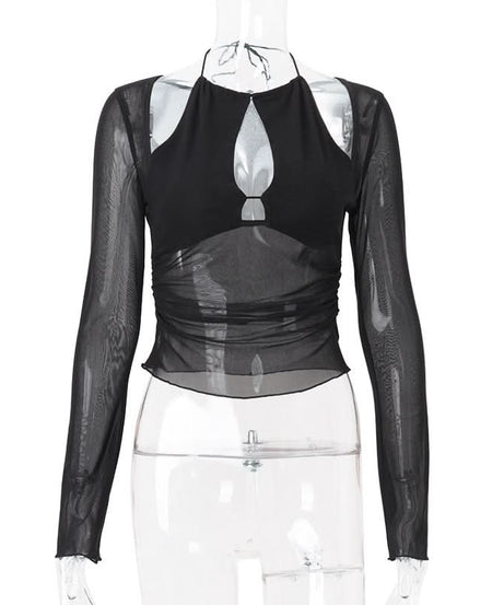 Sultry Sheer Mesh Halter Cutout Top | Edgy Long Sleeve for Fall Nights & Halloween