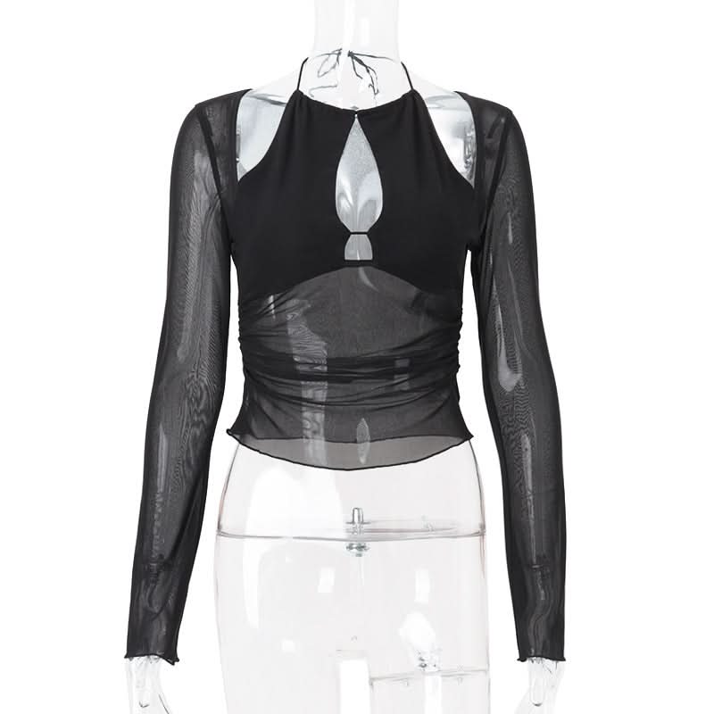 Sultry Sheer Mesh Halter Cutout Top | Edgy Long Sleeve for Fall Nights & Halloween