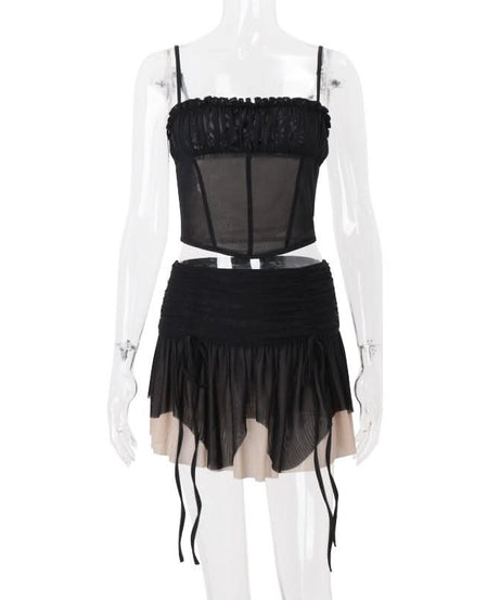 Sultry Siren Black Mesh Ruched Corset Cami & Asymmetrical Mini Skirt Set - Your Ultimate Fall Party & Clubwear