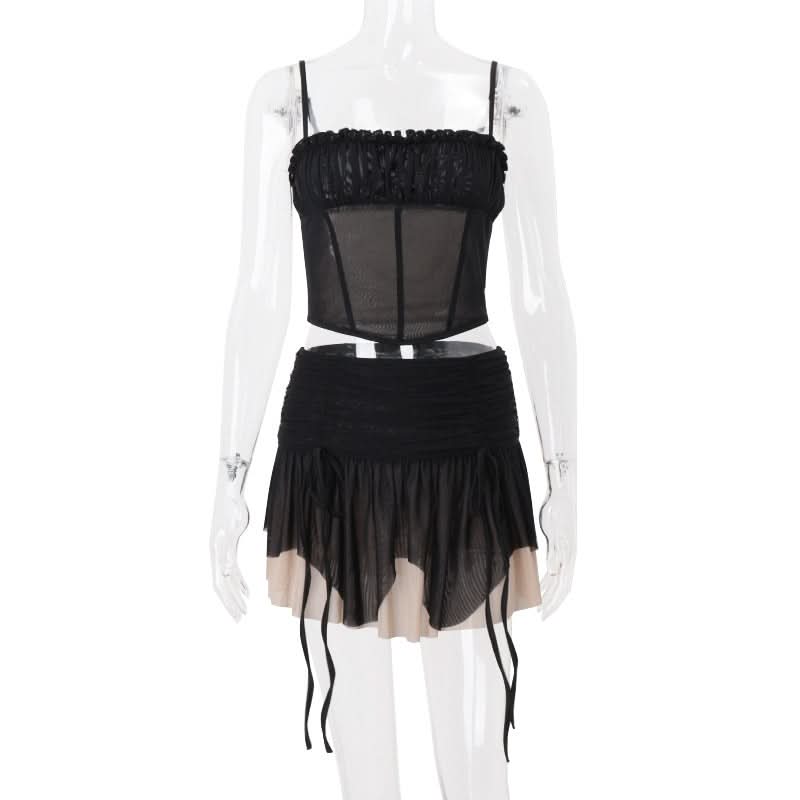 Sultry Siren Black Mesh Ruched Corset Cami & Asymmetrical Mini Skirt Set - Your Ultimate Fall Party & Clubwear