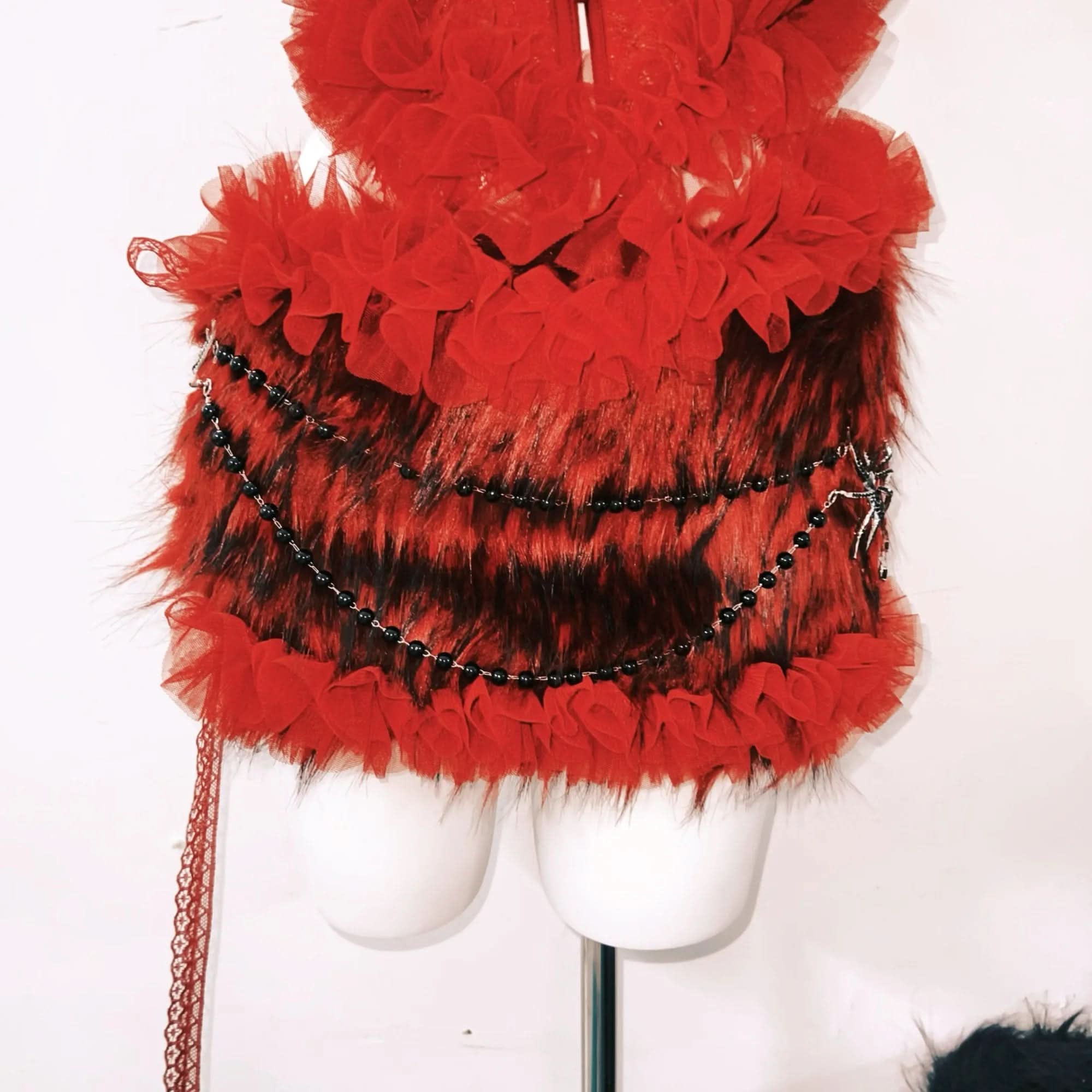 Haute Halloween: Bewitching Red Lace & Faux Fur Spider Corset Mini Set