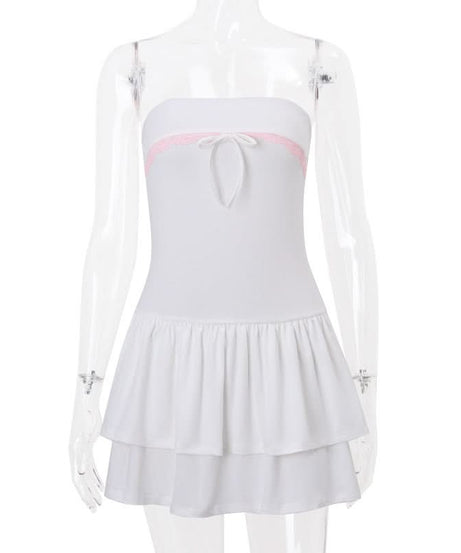 Flirty White Tube Mini Dress with Pink Lace & Bow - Tiered Ruffle Skirt for Parties & Vacations
