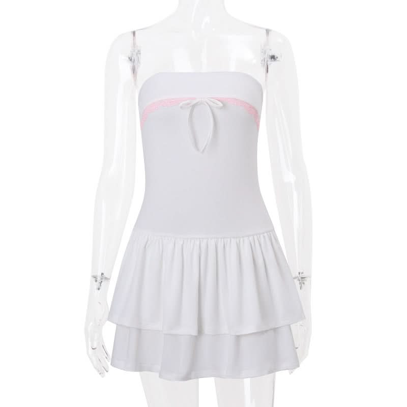 Flirty White Tube Mini Dress with Pink Lace & Bow - Tiered Ruffle Skirt for Parties & Vacations