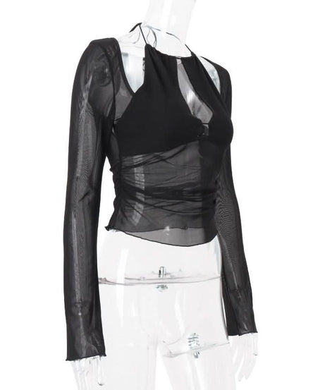 Sultry Sheer Mesh Halter Cutout Top | Edgy Long Sleeve for Fall Nights & Halloween