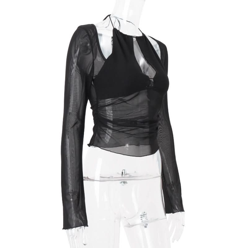 Sultry Sheer Mesh Halter Cutout Top | Edgy Long Sleeve for Fall Nights & Halloween