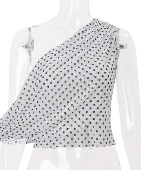 Fall-Ready Glam: Chic One-Shoulder Polka Dot Mesh Top – Perfect for Festive Season Style