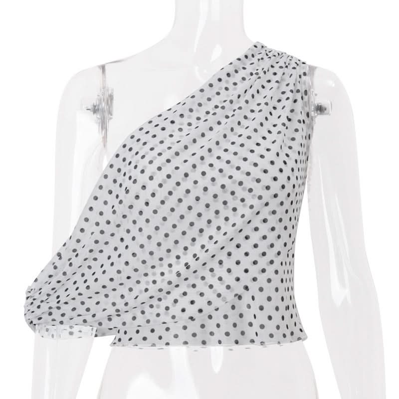 Fall-Ready Glam: Chic One-Shoulder Polka Dot Mesh Top – Perfect for Festive Season Style