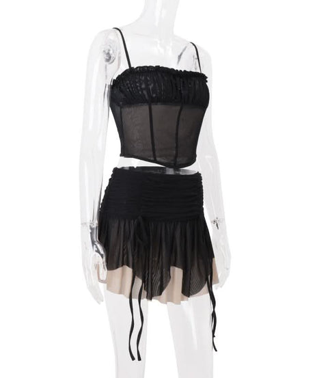 Sultry Siren Black Mesh Ruched Corset Cami & Asymmetrical Mini Skirt Set - Your Ultimate Fall Party & Clubwear