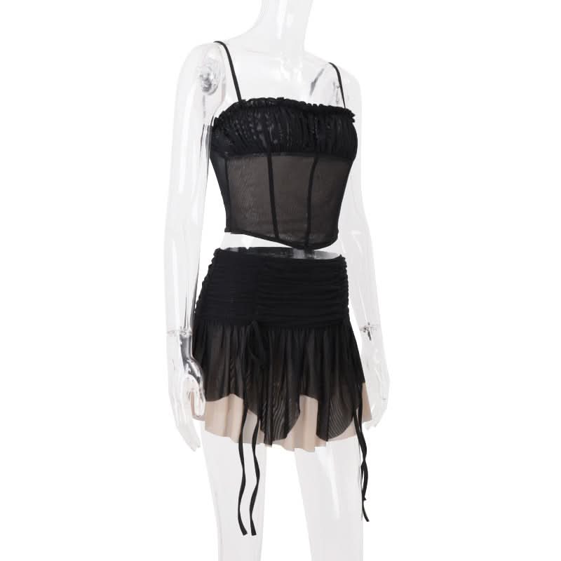 Sultry Siren Black Mesh Ruched Corset Cami & Asymmetrical Mini Skirt Set - Your Ultimate Fall Party & Clubwear