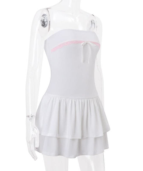 Flirty White Tube Mini Dress with Pink Lace & Bow - Tiered Ruffle Skirt for Parties & Vacations