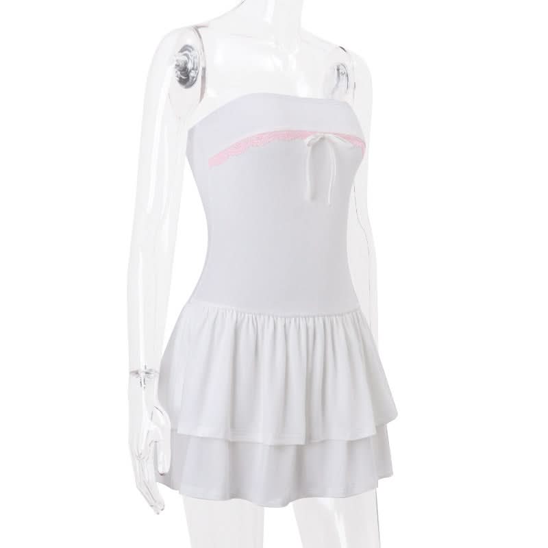 Flirty White Tube Mini Dress with Pink Lace & Bow - Tiered Ruffle Skirt for Parties & Vacations