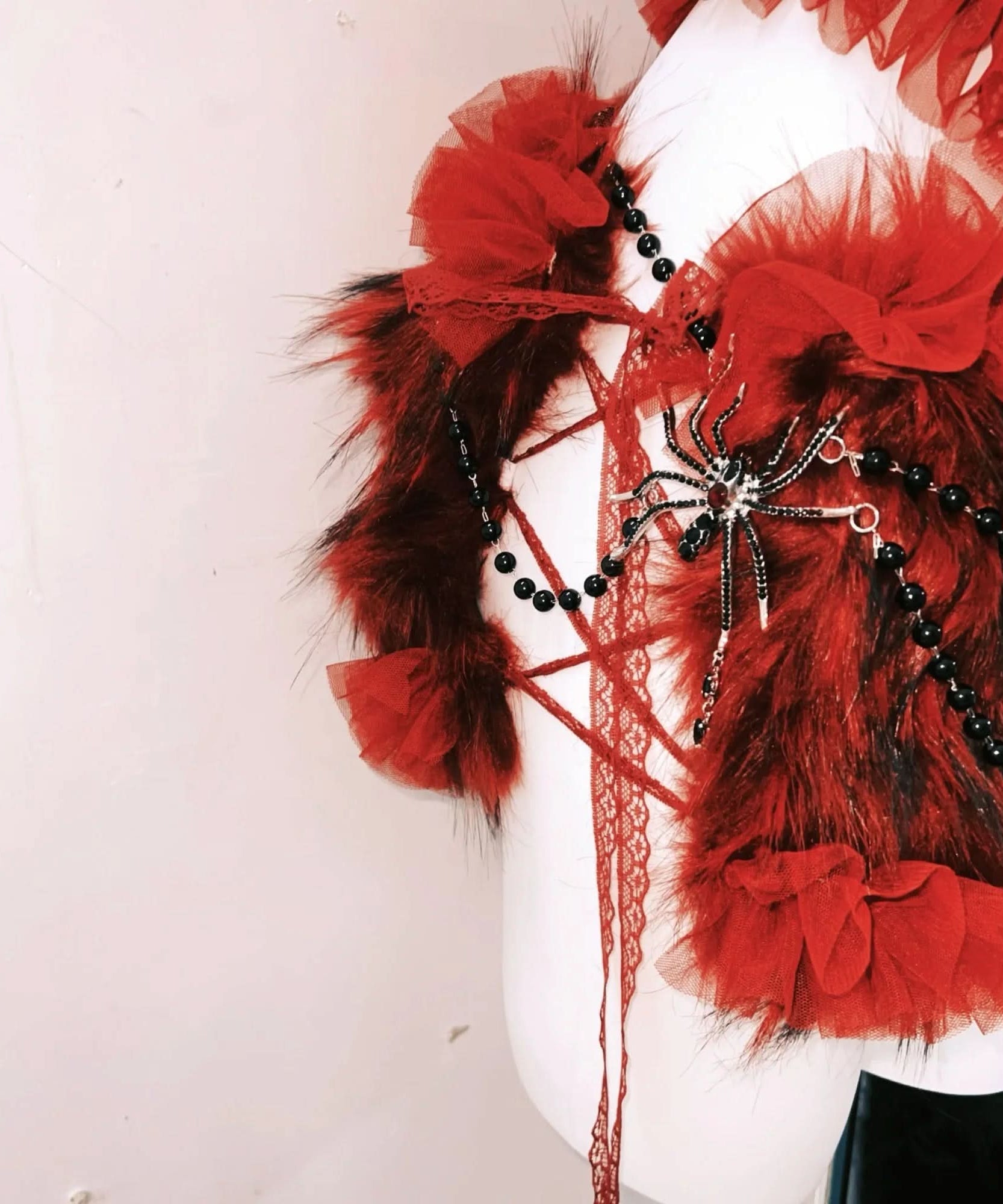 Haute Halloween: Bewitching Red Lace & Faux Fur Spider Corset Mini Set