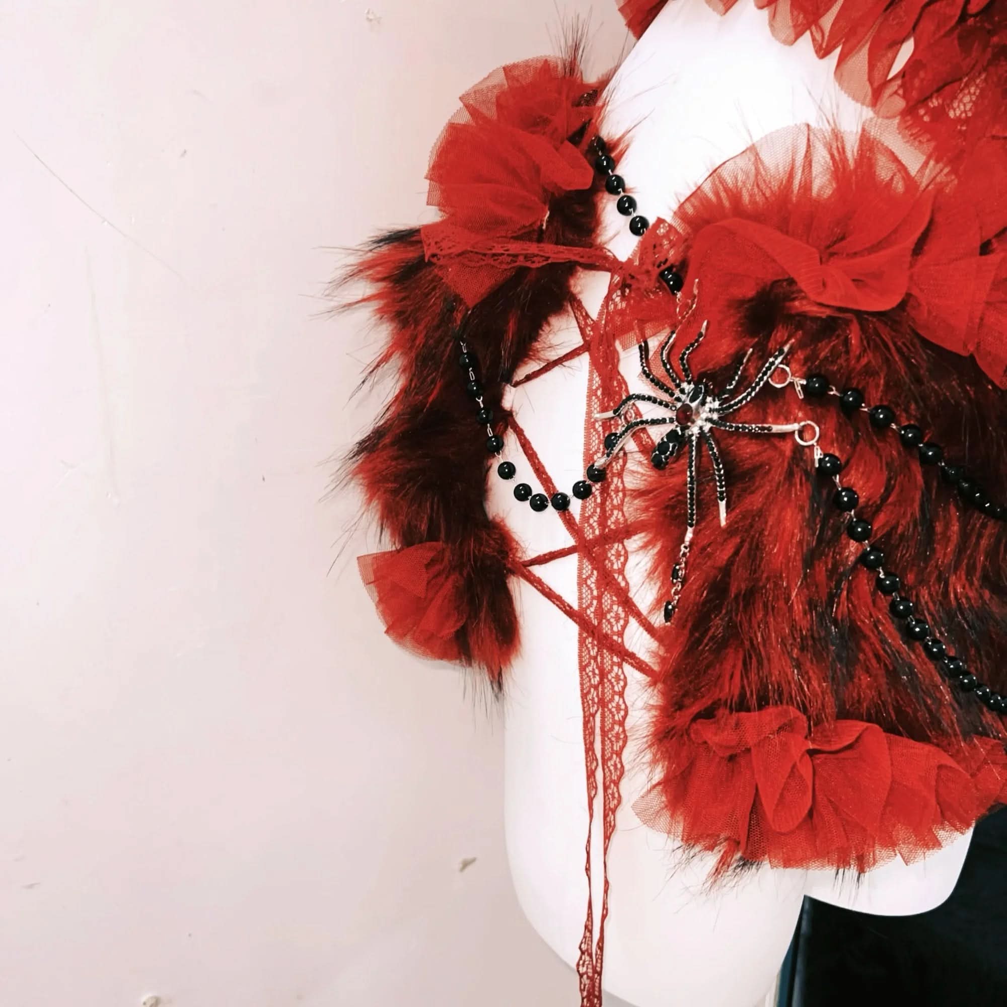 Haute Halloween: Bewitching Red Lace & Faux Fur Spider Corset Mini Set