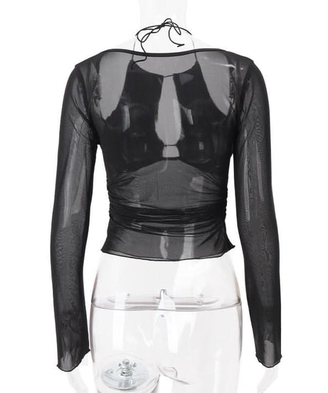 Sultry Sheer Mesh Halter Cutout Top | Edgy Long Sleeve for Fall Nights & Halloween