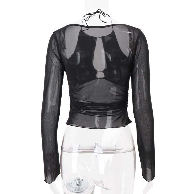 Sultry Sheer Mesh Halter Cutout Top | Edgy Long Sleeve for Fall Nights & Halloween