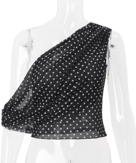 Fall-Ready Glam: Chic One-Shoulder Polka Dot Mesh Top – Perfect for Festive Season Style