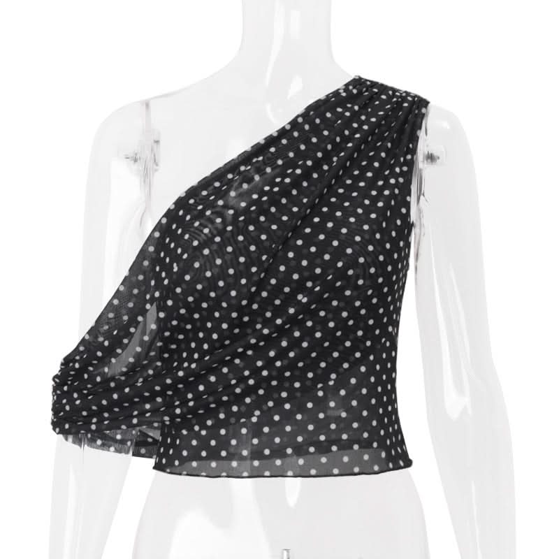 Fall-Ready Glam: Chic One-Shoulder Polka Dot Mesh Top – Perfect for Festive Season Style