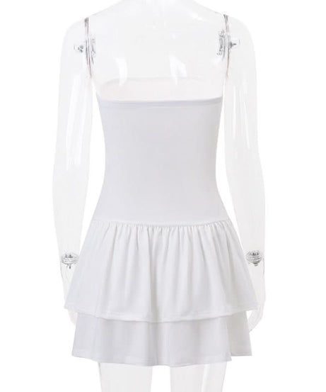 Flirty White Tube Mini Dress with Pink Lace & Bow - Tiered Ruffle Skirt for Parties & Vacations