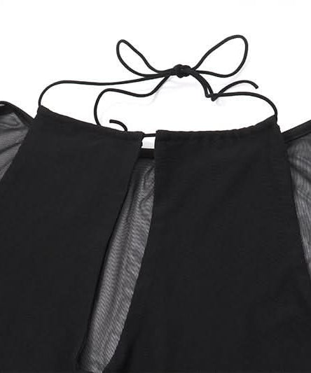 Sultry Sheer Mesh Halter Cutout Top | Edgy Long Sleeve for Fall Nights & Halloween