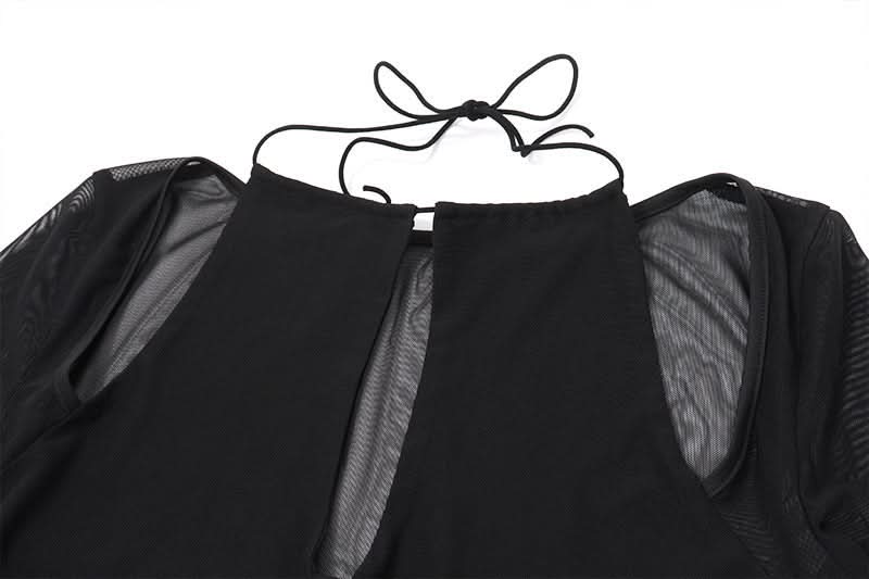 Sultry Sheer Mesh Halter Cutout Top | Edgy Long Sleeve for Fall Nights & Halloween