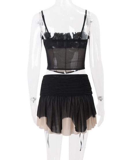 Sultry Siren Black Mesh Ruched Corset Cami & Asymmetrical Mini Skirt Set - Your Ultimate Fall Party & Clubwear